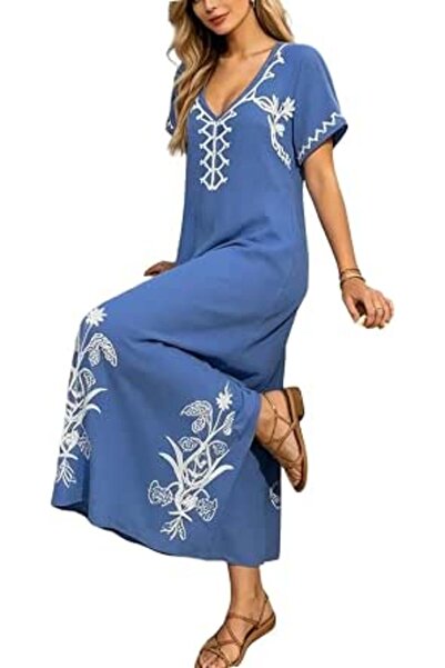 YouKD Summer Long Kaftan Dress Bohemian Roomy Beach Robe Cover Up Plus Size D...
