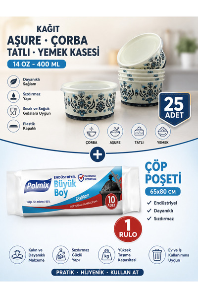 Yurtkurankimya KAĞIT / KARTON AŞÜRE TATLI ÇORBA KASESİ 14 OZ KAPAKLI 25 ADET ...