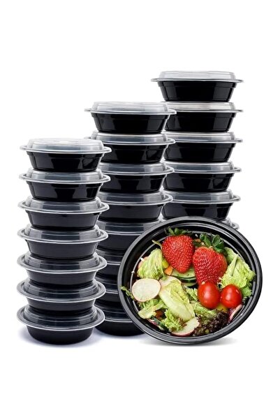 Generic Pack] Compartment Round Black Base with Lids Food Storage Container(3...