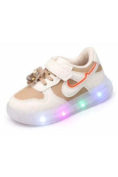Mixbo Pantofi sport pentru copii, alb-crem, cu LED-uri Mixbo, talpă flexibilă...