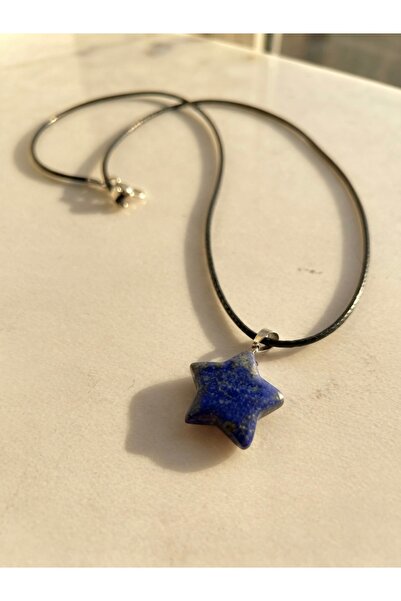 Meneva Aksesuar Lapis Lazuli Natural Stone Star Cut Leather Cord Necklace