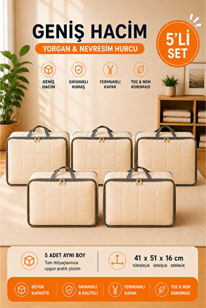 Saule 5'li Set Hurç 41x51x16 cm Yorgan, Battaniye Saklama ve Düzenleme Çantas...