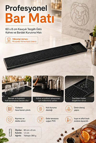 Transformacion Profesyonel Bar Matı 60x8 cm Kauçuk Tezgah Üstü Kahve ve Barda...
