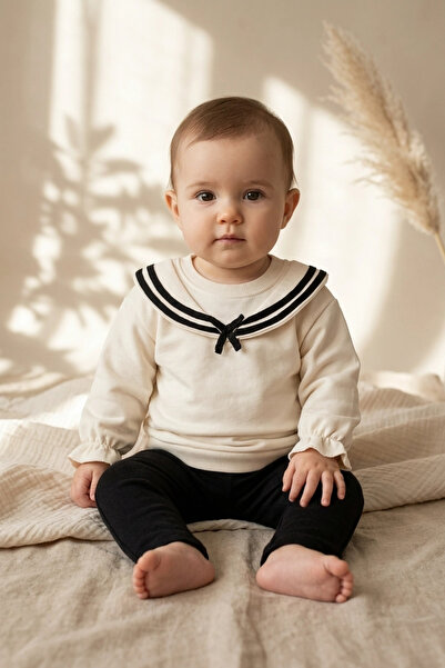 ciciben Nora Marine Sailor Collared Black-Cream Baby Set - Soft Textured Cott...