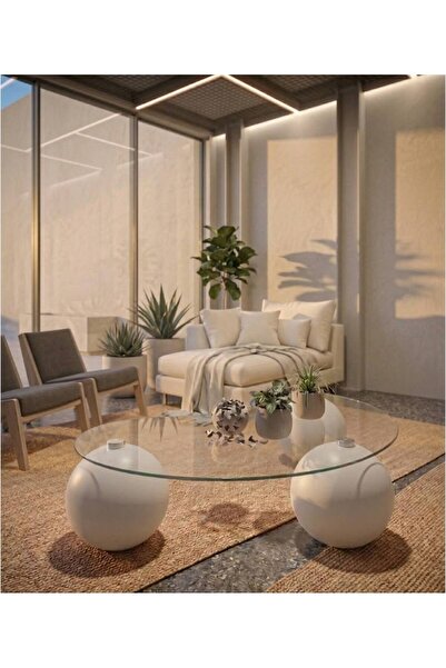 todek home Orbis Mat Beyaz Boyalı Küre Ayaklı Cam Orta Sehpa Temperli Tasarım