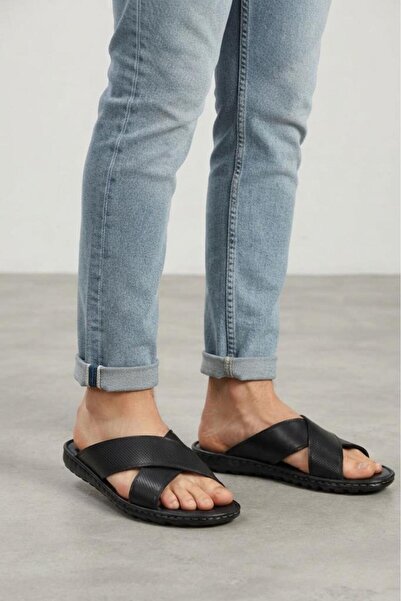 Papuçcity Emr 1806 Genuine Leather Men's Orthopedic Large Size Slippers