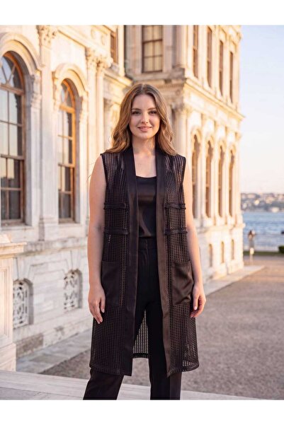 wearon tekstil KADIN FİLE DETAYLI CEPLİ UZUN YELEK