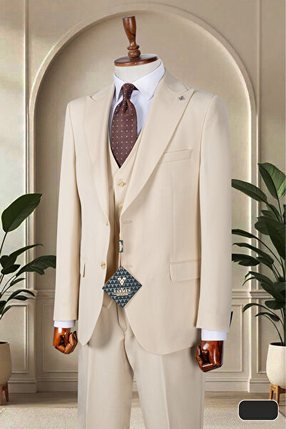 Genel Markalar Erkek krem rengi Slim Fit 3'lü Takım Elbise (Ceket, Yelek, Pan...