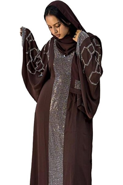 Generic Abaya Safiya – Chocolate Brown & sparkling geometric Embroidered Two-...