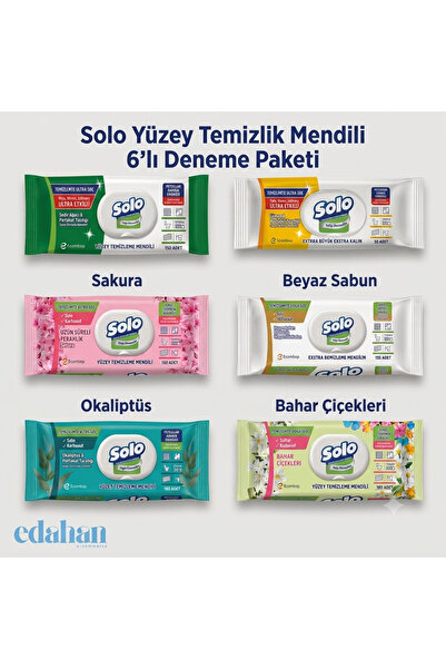 Solo Yüzey Temizlik Mendili 6'lı Karma Deneme Paketi (Sedir Ağacı, Limon, Bey...