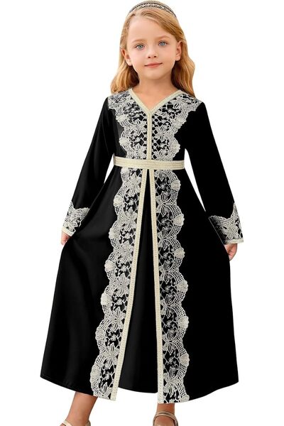 IDOPIP Muslim Dress for Girls Islamic Prayer Abaya Embroidery Long Sleeve Kaf...