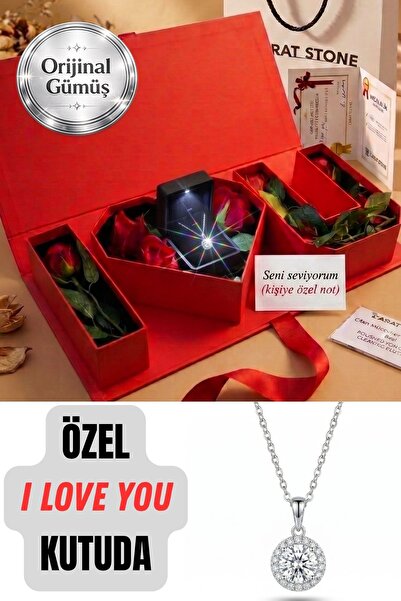 CARAT STONE "I Love You" HEDİYE KUTUSUNDA 925 AYAR GERÇEK GÜMÜŞ KADIN HALO KO...
