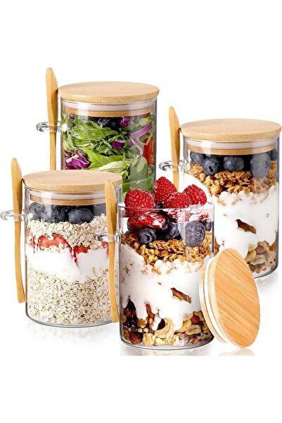 Home Zone 4 Pack - 500ML Overnight Oats Containers with Bamboo Lids and Spoon...