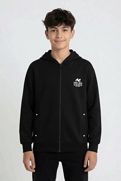 Cansın Mini Black Boy's Cardigan with Text Detail and Zipper 24645