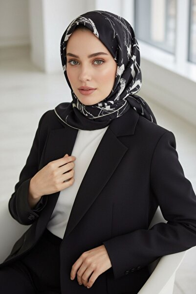 Vissona %100 Twill İpek Geometrik Desenli Siyah - Krem Renkli 90x90 Eşarp Dik...