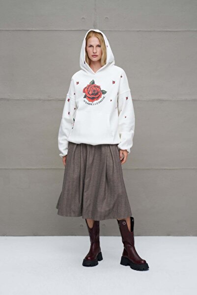 #vdr viadellerose Ecru Rose Patterned Oversize Hooded Sweatshirt 18151