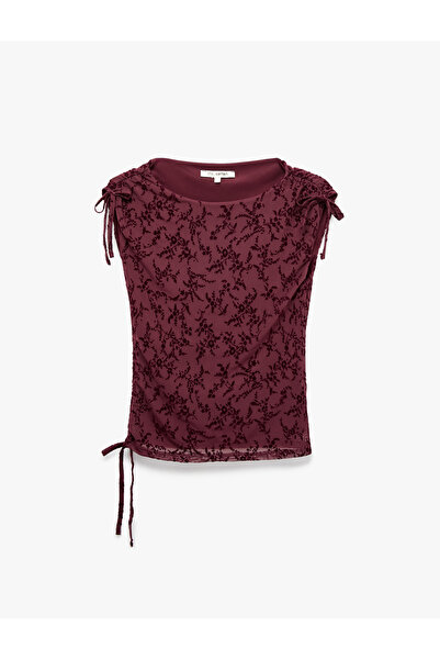 Koton Slim Fit Gathered Boat Neck Sleeveless Lace Embroidered Tulle Blouse