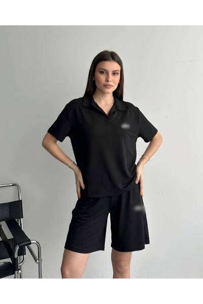 mylunessa طقم بدلة رياضية سوداء بياقة بولو وأكمام قصيرة مع شورت