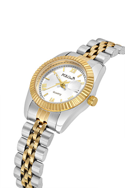 Poloair ساعة يد نسائية كلاسيكية مع تقويم وعدسة، لون ذهبي وفضي PL-1622B3x
