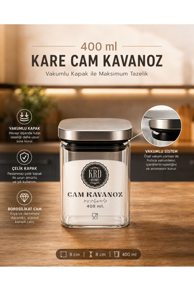 Karçiçeği Home 3'lü 400 ml Kare Borosilikat Cam Kavanoz Seti – Vakumlu Çelik Kapaklı - 472-2