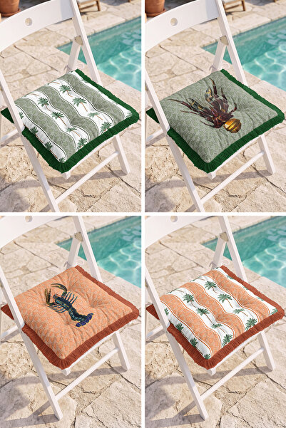Realhomes Modern 4-Piece Fringed Pouf Chair Cushion Set with Palm and Lobster...