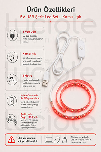 luciole 1 Metre 5V USB Kırmızı Şerit LED Aç Kapa Anahtarlı TV Masa Araç Dekoratif Led Işık