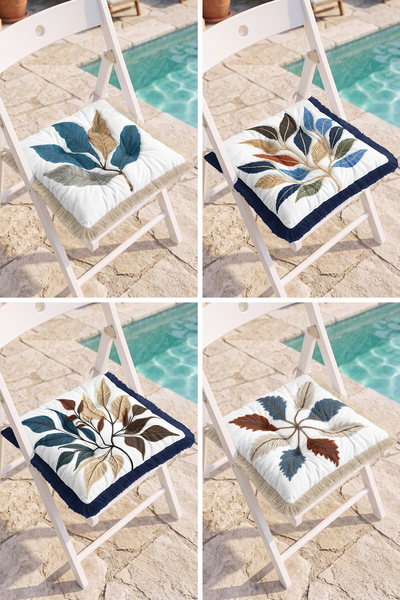 Realhomes Leaf Motif Blue and Beige Toned 4-Piece Fringed Puffy Chair Cushion...