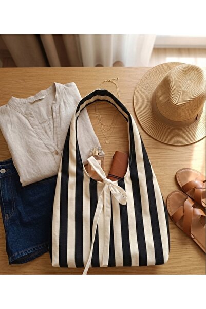 ÖZLEM HANDMADE Black and White Striped Liquid Repellent Fabric Hobo Handbag, ...