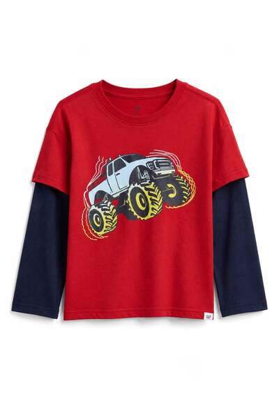 GAP Kids Gap Baby Boy Monster Truck Printed Two Color Double Sleeve T-Shirt 0...