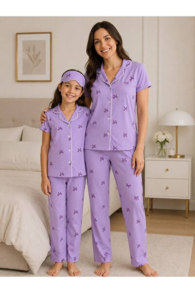 Fil Kids Mother-Daughter Lilac Ribbon Shirt Collar Sleep Band Short Sleeve Pa...