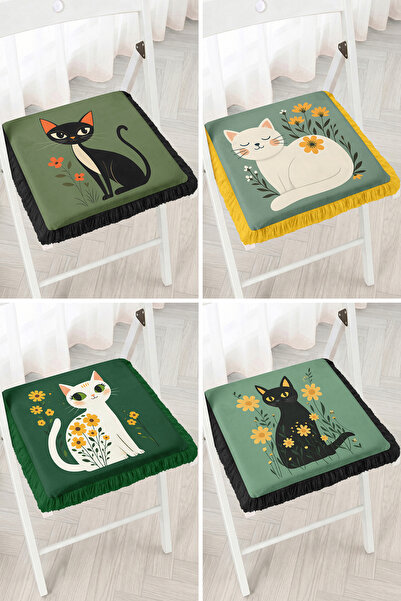 Realhomes Green Floor Mat with Floral Cat Figure, 4-Piece Fringed Zippered Ch...