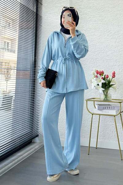MELEK ARAZ Premium Drawstring Waist Cima Detail Double Face Trousers Set - Blue