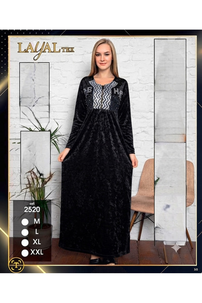 Layal TEX Kore Kadife Uzun Kol Büzgülü Taşlı Ev Elbisesi Sabahlık