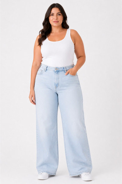 cracpot Women's Plus Size Snow Blue Washed Lycra Wideleg Jean Pants – High Wa...