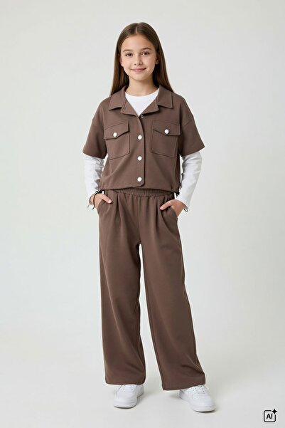 Cansın Mini Brown Girl's Short Sleeve Jacket and Wide Leg Pants 3-Piece Set 2...