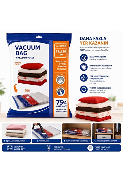 KONTEF Vakumlu Hurç Poşeti 73x130 cm – Çift Kilitli, Valfli, Tekrar Kullanıla...