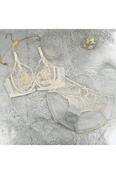 Elaram Lace Detailed Tulle Underwire Bra Panty Lingerie Set