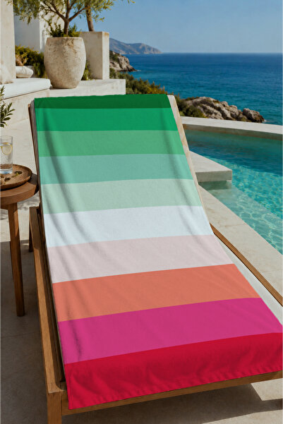 Evmila Green Pink Orange Wide Striped Patterned 70X150 Beach Towel - Cotton B...