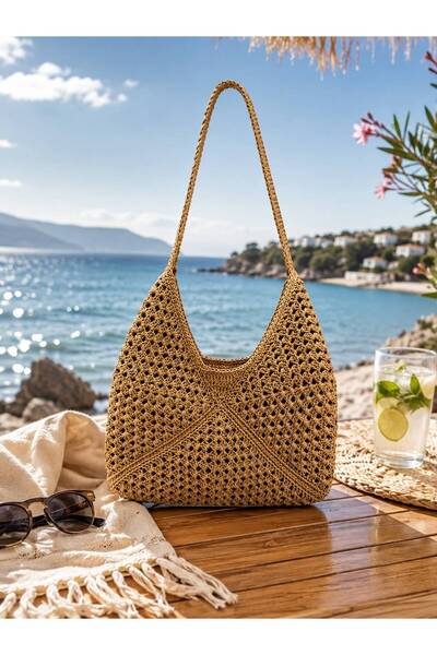 Mervişim Aksesuar Mink Color Handmade Paper String Knitted Daily Straw Women's Shoulder Bag (Unlined)
