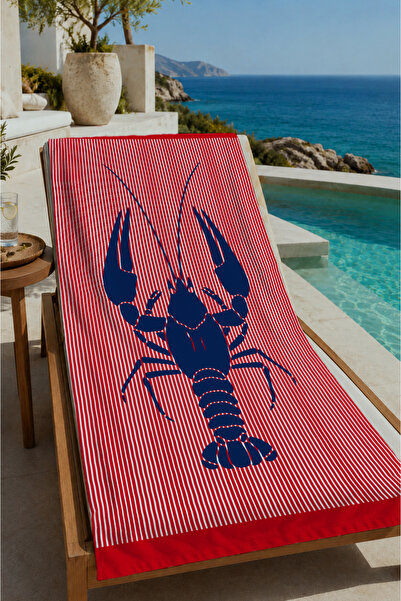 Evmila Red Striped Navy Blue Lobster Patterned 70X150 Beach Towel - Digital P...