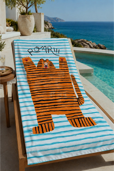 Evmila Plavo-beli prugasti ručnik za plažu sa uzorkom narandžaste mačke 70x15...