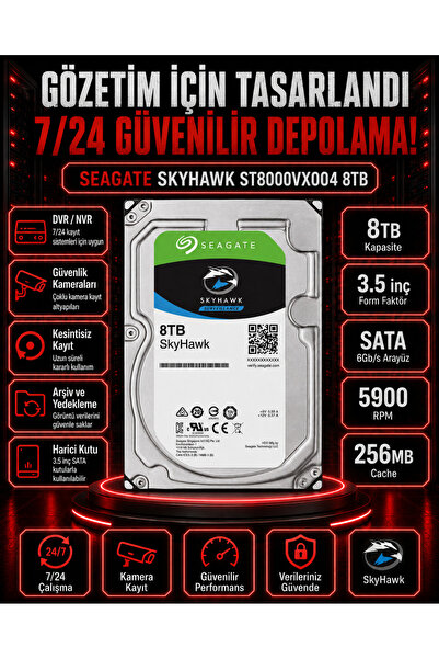 DİSK BANK 8 TB SKYHAWK 3.5 İnç ST8000VX004 Kamera, DVR ve NVR Kayıt Sistemi D...