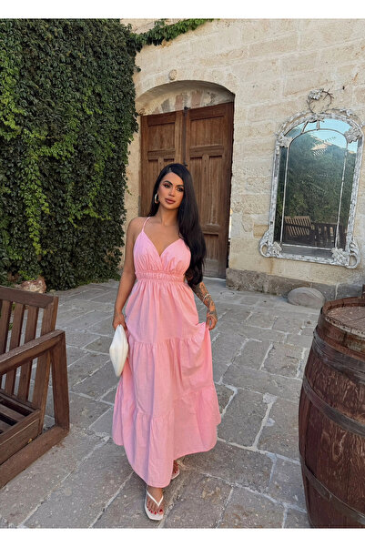 kırmızı butiks Pembe Mirelle Askılı Keten Elbise