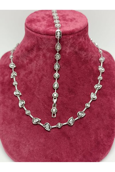 Damla Taşlı Kolye Bileklik Seti (Silver Tone)