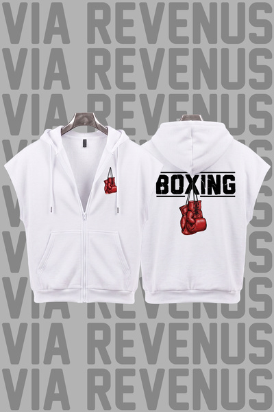 Vordevia Boxing Printed Sleeveless Zippered Hooded Sweatshirt Wide Fit 3 Thre...