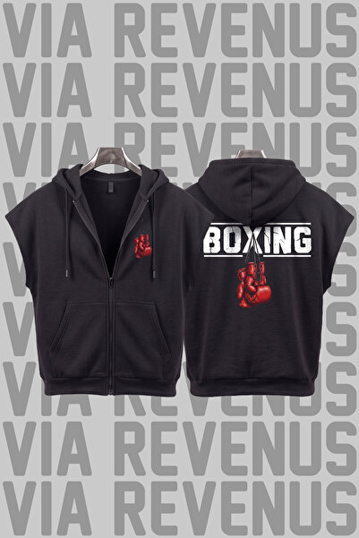 Vordevia Boxing Printed Sleeveless Zippered Hooded Sweatshirt Wide Fit 3 Thre...