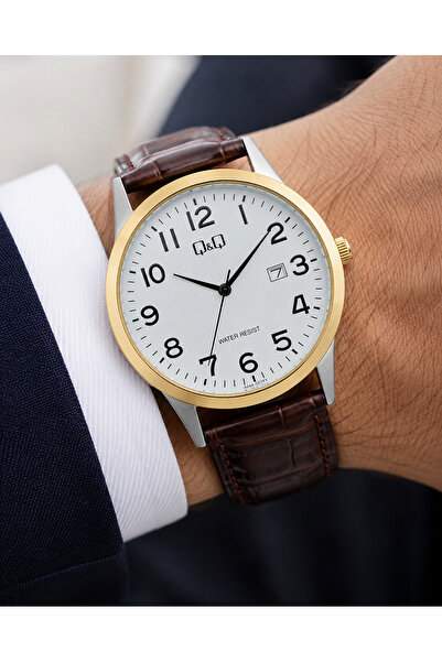 Q&Q Men's Wristwatch Brown Leather Band with Calendar Casual and Classic Styl...