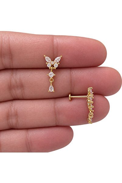 Arescollection 1 ADET ZİRKON TAŞLI KELEBEKLİ HELİX TRAGUS FLAT UYUMLU PİERCİNG