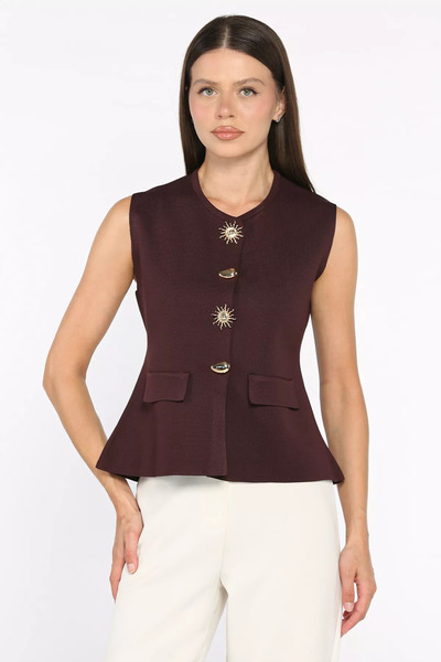 Aryena Dark Burgundy Women's Gold Buttoned Knitwear Vest