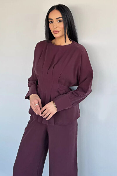 Aryena Burgundy Women's Pleated Belted Blouse and Elastic Waist Pants Two-Pie...